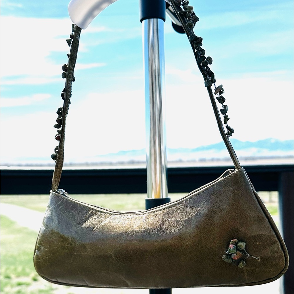 Renzo Rainero Leather Shoulder Bag in Olive Green with Floral stone Accent